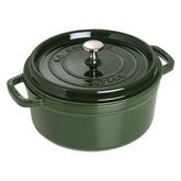 STAUB cocotte front view showing basil color and elegant finish benefits presentation