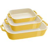 STAUB front view of three yellow rectangular bakers, attractive table presentation