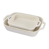 STAUB front view of both Rustic Ivory rectangular baking dishes, elegant serving