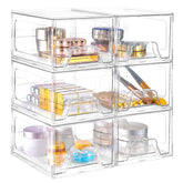 Stebopum front view of clear stackable drawers, shows organized visibility benefit