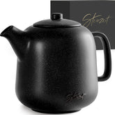 Steinzeit teapot front view showing generous 44 oz capacity and matte black finish