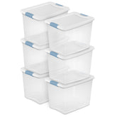 Sterilite clear 25 quart latching box front view showing neat storage benefit