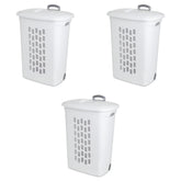 Sterilite hamper front view showing three-pack and clean storage benefit