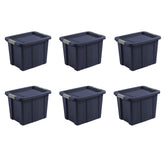 Sterilite Tuff1 front view showing durable dark blue exterior and secure lid benefit organization