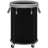 STORAGE MANIAC front view showing black round hamper with high capacity benefit