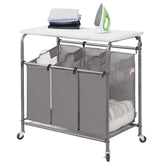 STORAGE MANIAC front view showing three bags and foldable ironing board benefit organization