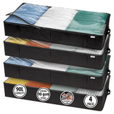 StorageExpert front view of four black under bed organizers showing space-saving benefit