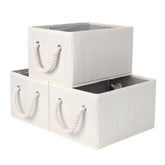 StorageWorks front view of three beige bins showing neat organization benefit