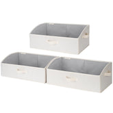 StorageWorks large beige trapezoid bin front view showing open access and tidy contents