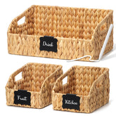 Stylave front view of three natural wicker pantry baskets showing neat organization benefits