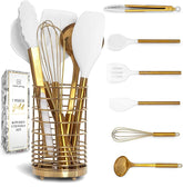 STYLED SETTINGS front view of white and gold utensil set showcasing complete kit
