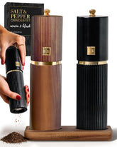STYLED SETTINGS front view of black and dark wood grinder set, adds countertop style