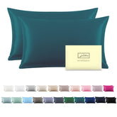 Suatien front view of teal silk pillowcases showing smooth shine benefit