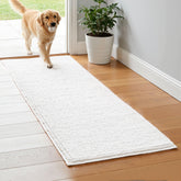 SUBRTEX front view of white chenille bath rug showing full length and coverage
