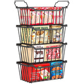 SUNALLY front view of four black stackable freezer baskets showing neat storage benefit