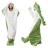 SunBritly front view of wearable dinosaur blanket shows full costume and warmth
