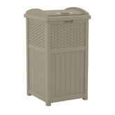 Suncast front view of wicker trash can showing neat outdoor storage benefit