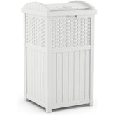 Suncast front view of trash can showing sleek wicker-style look and tidy curb appeal
