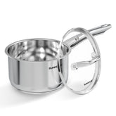 Sunhouse saucepan front view showing sleek stainless finish and compact size benefit