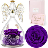 Sunia angel front view showing glass dome and preserved rose keepsake, elegant presentation