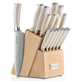 Sunnecko knife set front view showing full 15-piece collection and block, organized storage benefit