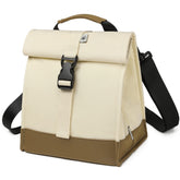 SUNNY BIRD front view of white rolltop lunch bag showing design and portability benefit