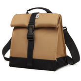 SUNNY BIRD front view of brown rolltop lunch bag showing closure and handle benefit: stylish portability