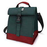 SUNNY BIRD front view of green rolltop lunch bag showing design and portability benefit