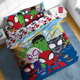 Sunny Side Up comforter front view showing Spidey characters and vivid colors for fun decor