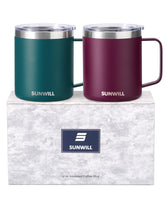 SUNWILL front view of two 14 oz mugs showing coordinated colors and compact shape