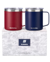 SUNWILL front view of navy blue and wine red tumblers showing set benefits