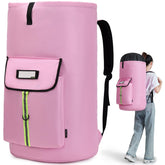 SUOVOCK front view of light pink laundry backpack showing full shape and closure benefit