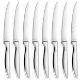 SuperCook front view of eight stainless steel steak knives showing sleek set benefit