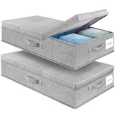 Supowin front view of two gray underbed bins showing size and lids, space-saving benefit