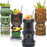 SuproBarware front view of four tiki mugs showing vibrant designs and festive look