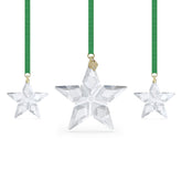 Swarovski front view of 2023 ornament trio in keepsake box, elegant gift presentation