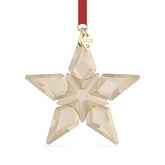 Swarovski gold star ornament 2023 front view with ribbon showcasing elegant sparkle