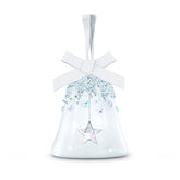 Swarovski bell front view showing clear glass and satin ribbon, adds elegant sparkle