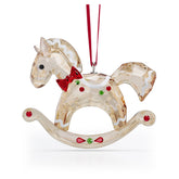 Swarovski rocking horse front view showing gold-toned crystal and festive ribbon, adds elegant sparkle