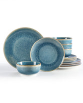 Sweejar Home front view of blue 12-piece set showing complete place settings and gift-ready packaging