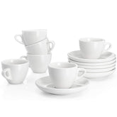 Sweese front view of six white cups and saucers showing clean presentation and durability