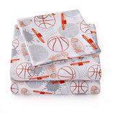 Sweet Home Collection front view of basketball-themed sheet set showing colorful print and packaging benefit: playful bedroom upgrade