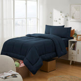 Sweet Home Collection front packaging showing navy bed in a bag and contents benefit convenience