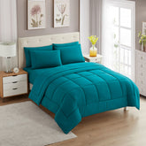 Sweet Home Collection front view of teal bedding set showing coordinated pieces and benefit of complete set