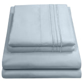 Sweet Home Collection front view of queen sheet set showing neat packaging and Misty Blue appeal