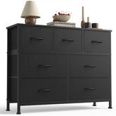 Sweetcrispy front view of seven-drawer dresser showing compact storage and sleek black finish