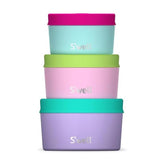 S'well front view of three pastel canisters showing sizes and modern style benefits
