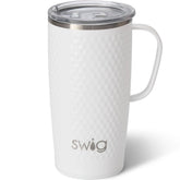 Swig Life golf ball travel mug front view showing logo and finish, durable and stylish
