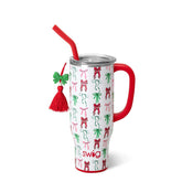 Swig Life front view of 30oz Mega Mug showing Ribbons and Bows print and large capacity benefit
