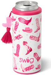 Swig Life skinny can cooler front view showing colorful Let's Go Girls print and snug fit